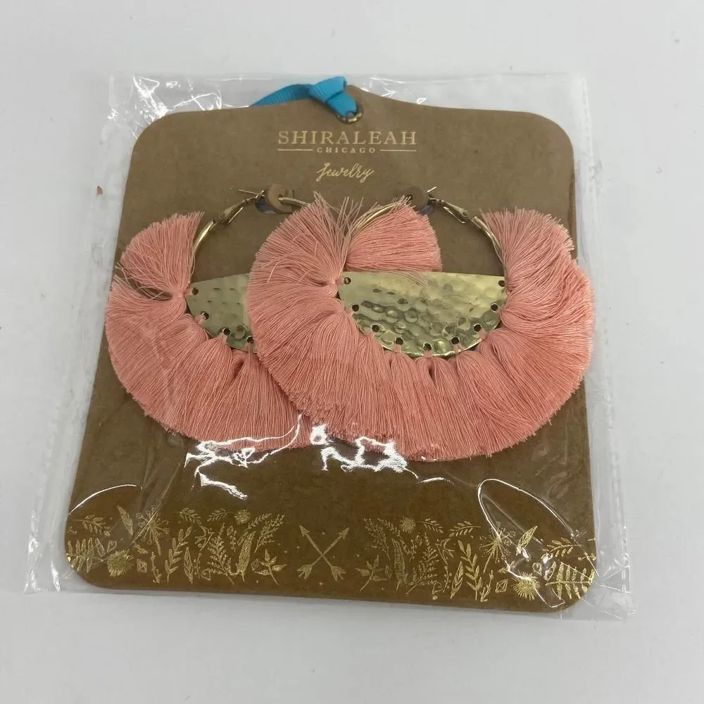 Anthropologie Shiraleah Anya Peach Gold Fan Tassel Hoop Earrings New